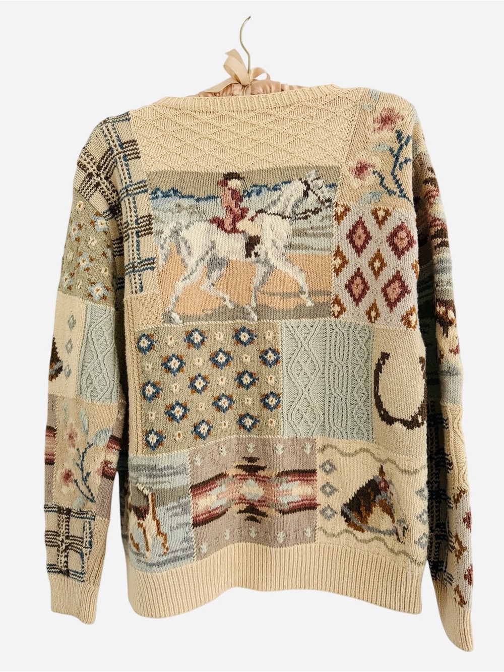Vintage Y2K Ralph Lauren Beige Patchwork Horse-Print Crewneck Sweater - Picture 3 of 9